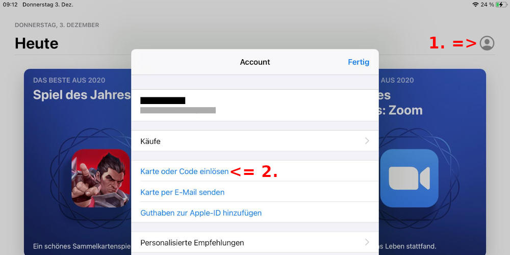 1. App Store / Profil-Icon (Account), 2. Klick Karte oder Code einlösen